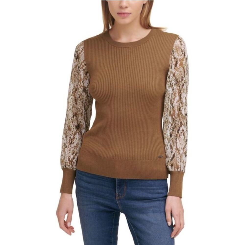 NWT DKNY Brown Snake Skin Chiffon‎ Long Sleeves Ribbed Knit Crew Sweater Sz XS